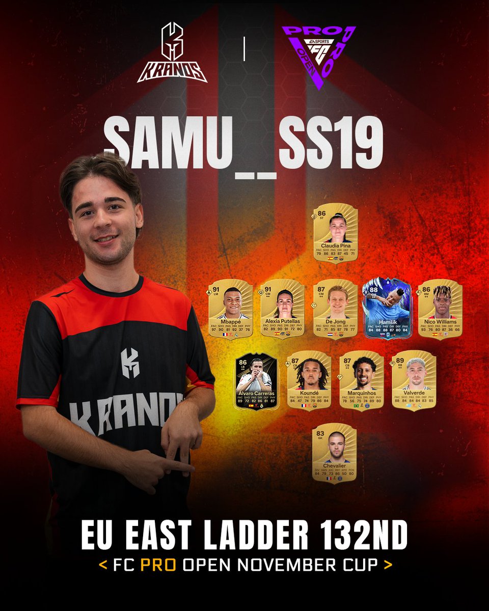 kranos_official's tweet image. @samu__ss19 wrapped up the ladder with a textbook comeback: Top256 locked 🔐⚡️
Tomorrow he hits the pitch at the FC Pro Open November Cup with a lineup so solid that calling it “solid” is an undersell.

Focus ON.
Everything else is noise.
#Kranos #EAFC #ProOpen