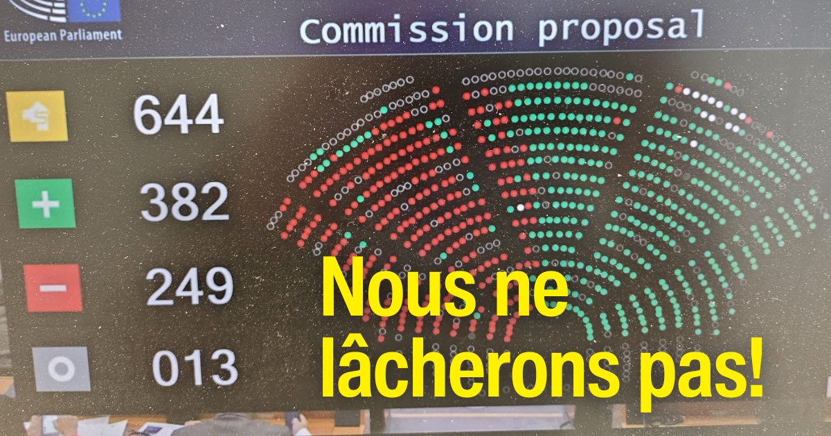 La droite et l’extrême-droite ont scellé leur alliance au Parlement pour détruire le devoir de vigilance.
Un grand cadeau aux multinationales piétinant les droits humains et l’environnement et une défaite pour l’Europe. 
Nous ne lâcherons pas!
 app.sosha.ai/s/HTtoBbX4