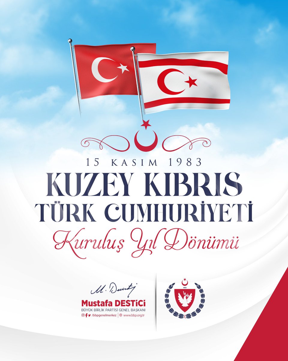 Kuzey Kıbrıs Türk Cumhuriyeti’nin kuruluşunun 42. yıl dönümünü büyük bir gurur ve heyecanla kutluyoruz.

Başta Kurucu Cumhurbaşkanı Rauf Raif Denktaş olmak üzere; Kıbrıs Türkü’nün varlık mücadelesini veren tüm devlet adamlarını, özgürlük ve egemenlik uğruna can veren aziz