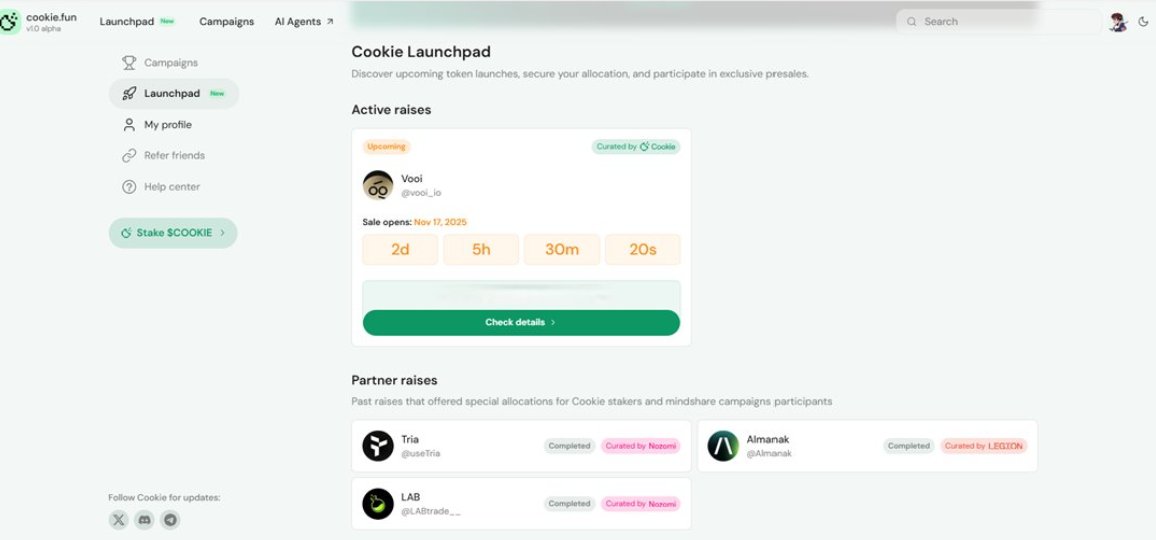 The first project launching on the Cookie Launchpad is <a href="/vooi_io/">vooi</a> , a leading perpetual DEX aggregator handling $1 billion in monthly trading volume

The allocation checker is now open on <a href="/cookiedotfun/">Cookie DAO 🍪</a> 

The sale begins on November 17 at 2 PM UTC.

Check guaranteed allocation