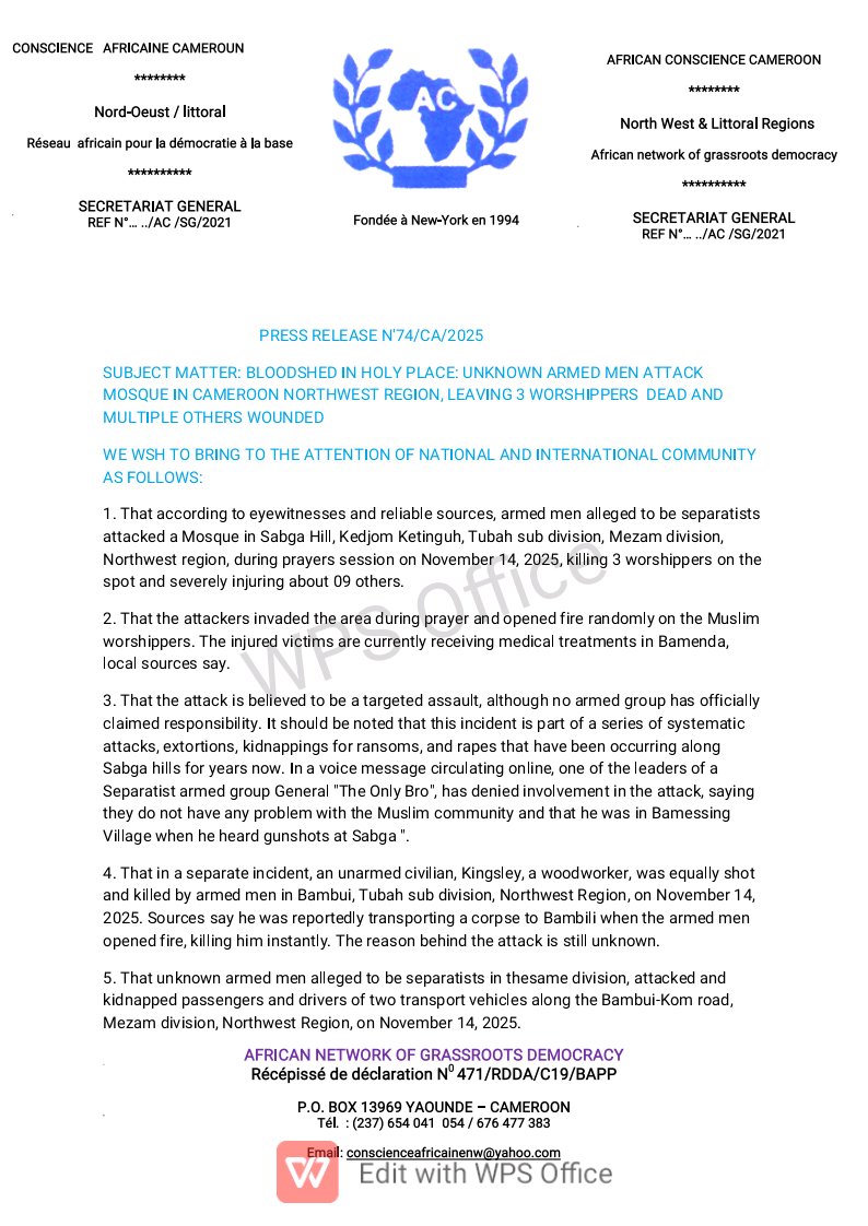 AmaduTarnteh's tweet image. BLOODSHED IN HOLY PLACE: UNKNOWN ARMED MEN ATTACK MOSQUE IN #CAMEROON NORTHWEST REGION, LEAVING 3 WORSHIPPERS  DEAD AND MULTIPLE OTHERS WOUNDED
#EndAnglophoneCrisis 
@CRTV_web 
@MincomCameroun 
@mindefcm 
@CanadaCameroon 
@PRC_Cellcom 
@USEmbYaounde 
@UEauCameroun 
@UKinCameroon