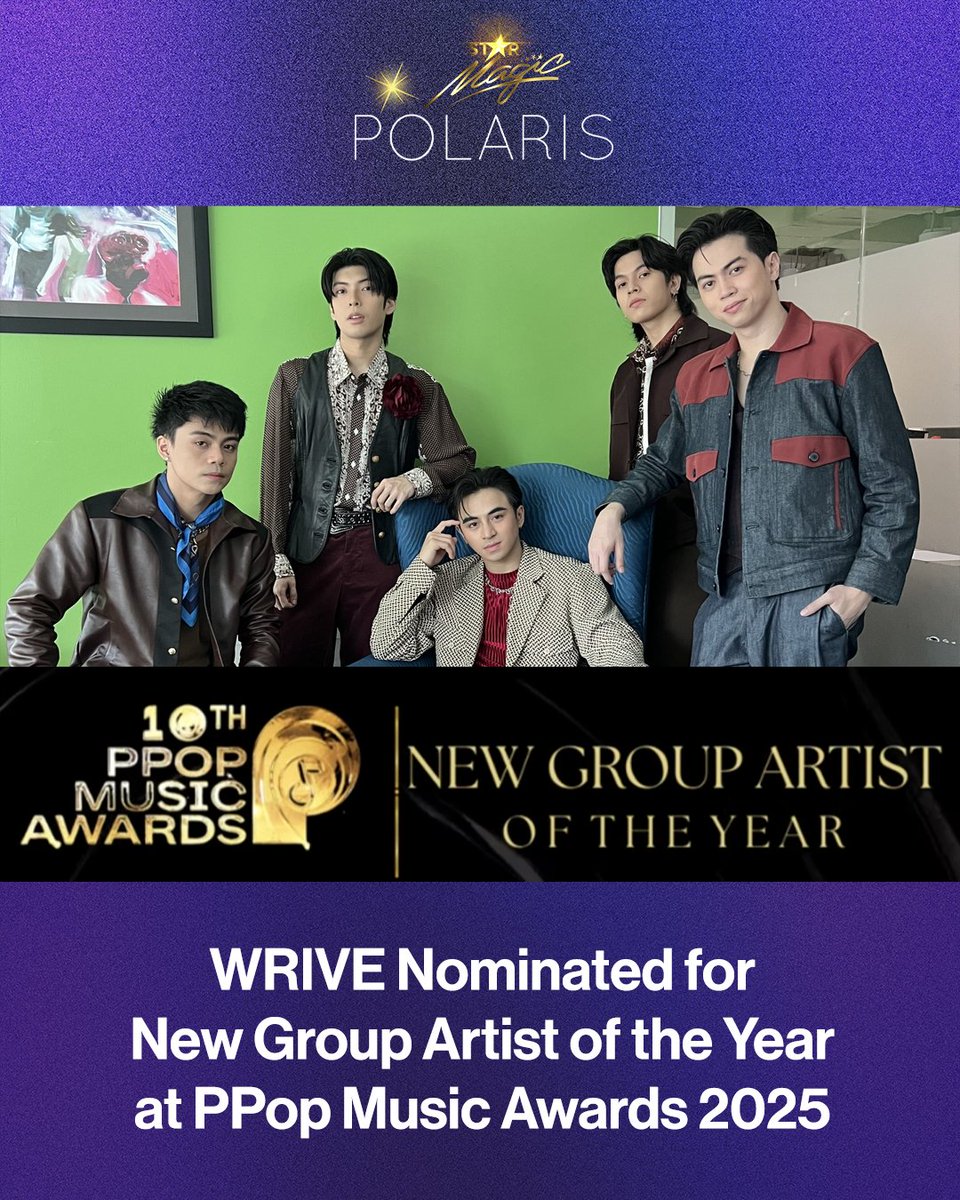 #WRIVE has been nominated for the "New Group Artist of the Year" category at the #10thPPOPMusicAwards. 

The group also got 6 additional nominations under the Fan's Choice Category.

#StarMagic #TatakStarMagic #PolarisStarMagic #ABSCBN #StarMusicPH #ABSCBNMusic #ABSCBN