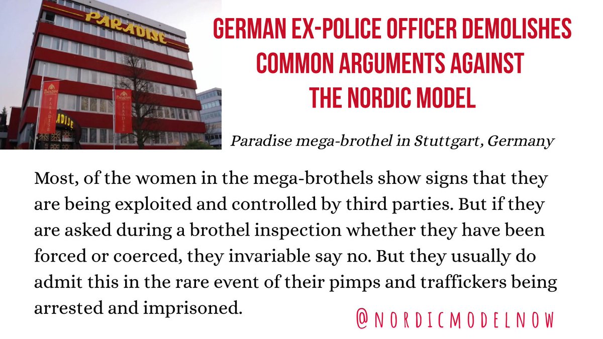 nordicmodelnow's tweet image. German ex-police officer demolishes common arguments against the Nordic Model

“Helmut Sporer worked for approximately 30 years (from 1990 until very recently) investigating and monitoring prostitution and human trafficking in Germany. During his career, he observed a progressive…