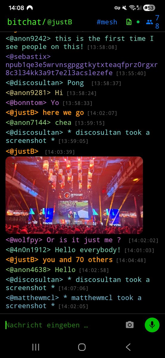 Slowly but surely...the bitchat mesh is alive.