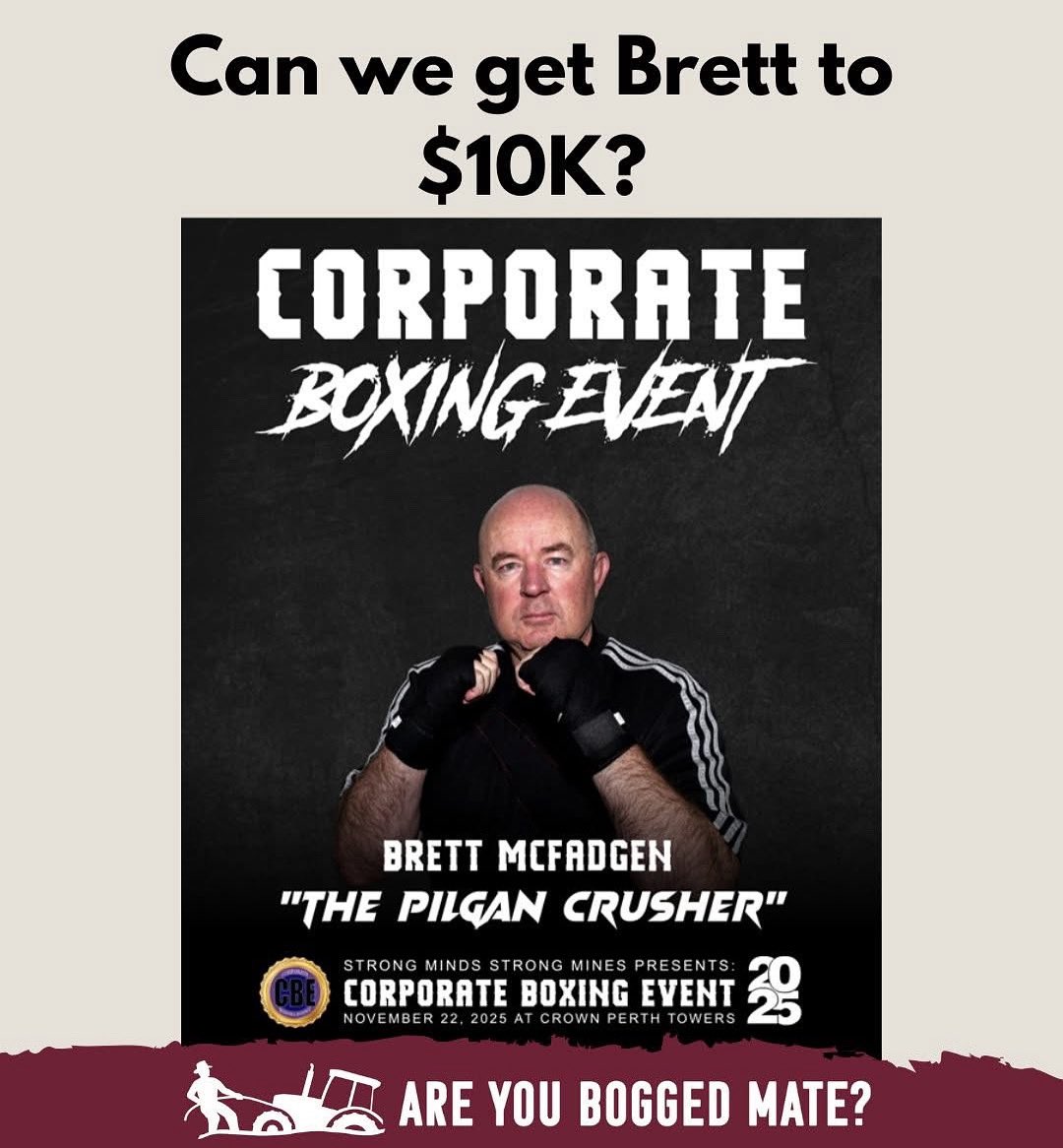 RUboggedmate's tweet image. Can we get Brett's total to $10K?
Only 1 week until his big fight in Perth!
He has been working really hard &amp;amp; has nearly raised $10,000. 🙌🏽
Can you help him reach that target? 
Link to his donation page - areyouboggedmate.com.au/bretts-biffin-… 

#areyouboggedmate