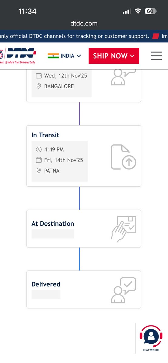i_prats's tweet photo. @DTDCIndia This is the quality of the service. Despite raising concerns the courier is still in Patna as of 15th November. It was supposed to be delivered on 14th. This is what we are getting after paying premium. It is a medical device that needed to reach on time. #Cheating https://t.co/weeiWiL0Gw