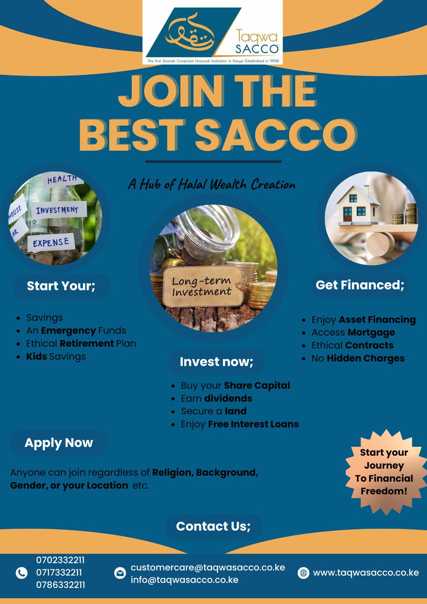 Unlock your financial potential with ethical, inclusive, and empowering solutions. <a href="/taqwasacco/">Taqwa Sacco</a> is redefining Halal wealth creation, transparent, and accessible to all. Let's build a future of financial freedom together.
Visit our website: taqwasacco.co.ke/#TaqwaSACCO #shariah #ethical