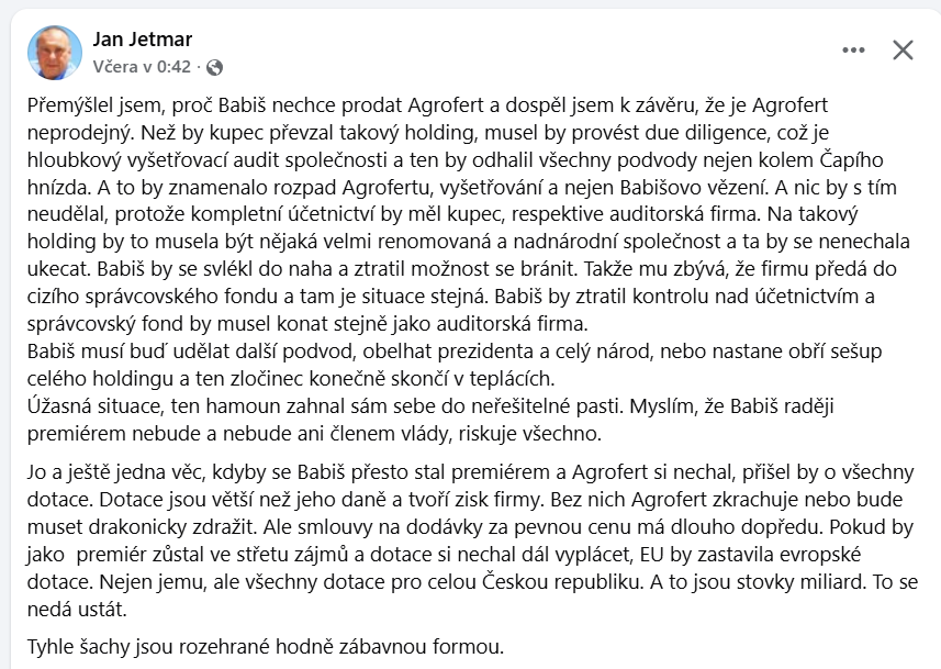 Jeho byznys sahá do více než 20 zemí světa.
250 firem z odvětví chemie, zemědělství, potravinářství, lesnictví, dřevařství atd....
Zajímavý názor p. Jetmara⬇️