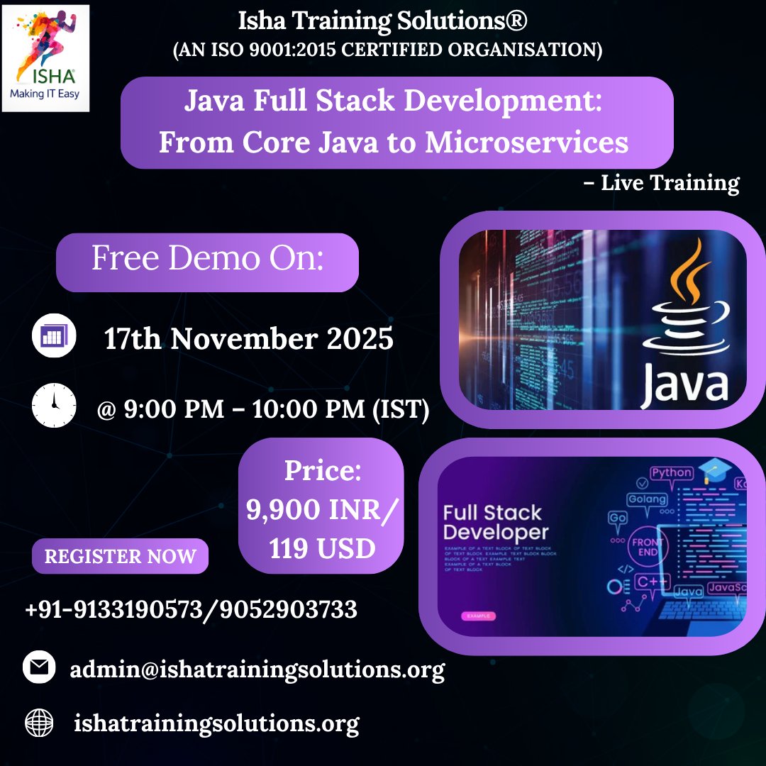 IshaKumargupta's tweet image. Isha Training Solutions presents “Java Full Stack Development”–Live Training.
Free Demo On:
17th Nov@9PM(IST)
17th Nov@10:30AM(EST)
For Registration, click the Link
docs.google.com/forms/d/1pvvsW…
Call/WhatsApp@+91-9133190573
For Course content
ishatrainingsolutions.org/java-full-stac…
#JavaFullStack