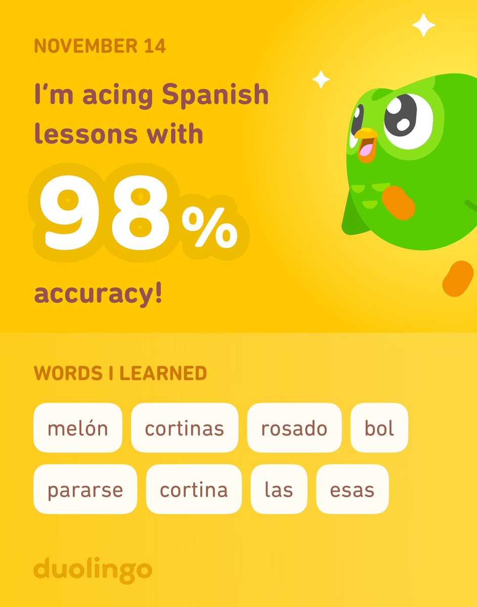 I’m learning Spanish on Duolingo! It’s free, fun, and effective.