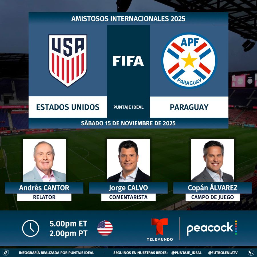 Puntaje_Ideal's tweet photo. ⚽ #Amistoso | 🇺🇸 #EstadosUnidos vs. #Paraguay 🇵🇾
🎙 Relator: @AndresCantorGOL
🎙 Comentarista: @jorgedcalvo 
🎙 Campo de juego: @CopanAlvarez
📺 @Telemundo 🇺🇸
💻📱 @peacock 🇺🇸
🤳 #USMNTtelemundo - #USMNT
Dale RT 🔃 https://t.co/wRALmGgxsj