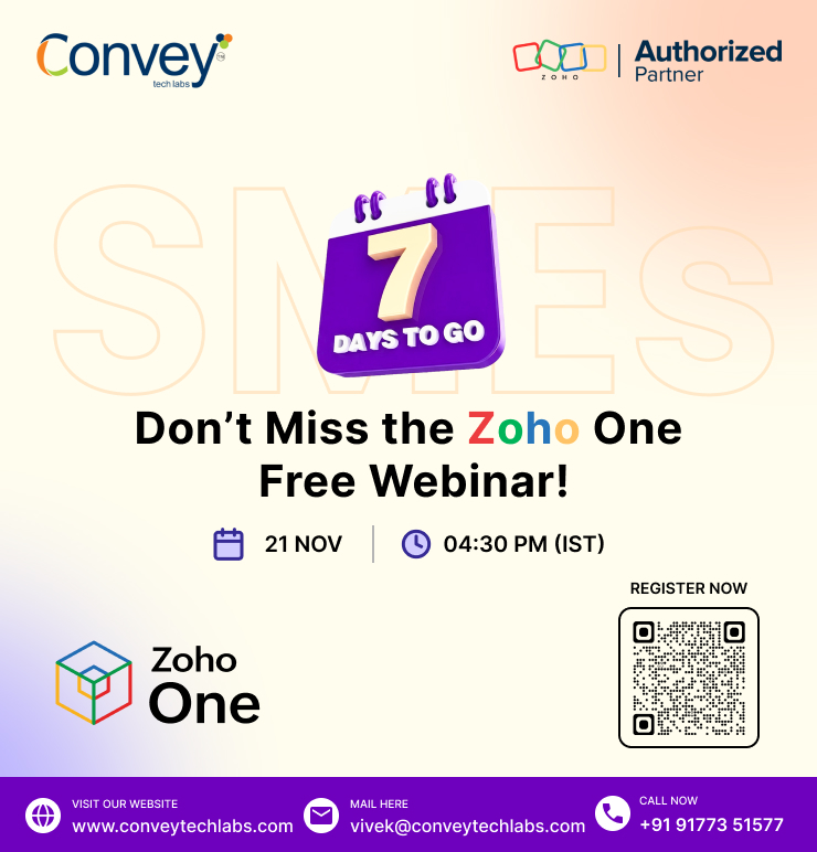 Conveytechlabs's tweet image. The countdown begins!
Just 7 days left for the @Zoho  One Webinar.
Gain insights, explore powerful tools, and watch @ZohoOne  in action.
Register now and be part of the session! 

#conveytechlabs #zoho #zohopartner #zohoresellingpartner #zohoimplementation #zohoauthorisedpartner