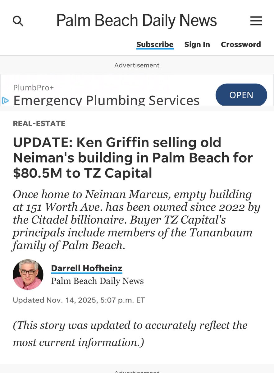 “Ken Griffin to Sell Palm Beach Property for $81 Million”

“Billionaire Ken Griffin is selling a Palm Beach property that once housed a Neiman Marcus outpost.

TZ Capital is buying the site at 151 Worth Ave. for about $81 million, according to a spokesperson for the buyer. 

The