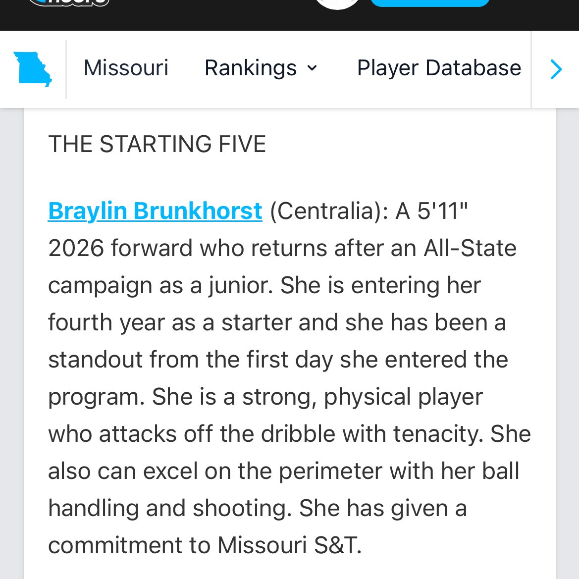 Thank you <a href="/earlaustinjr/">Earl Austin Jr.</a> with <a href="/PGHMissouri/">Prep Girls Hoops Missouri</a> for your coverage of the CCC <a href="/ClarenceCanno13/">Clarence Cannon Conference</a> ! Honored to be named to the starting five! Congrats to my teammates that were mentioned too! So excited for this season <a href="/WbbCentralia/">Centralia Lady Panthers WBB</a>