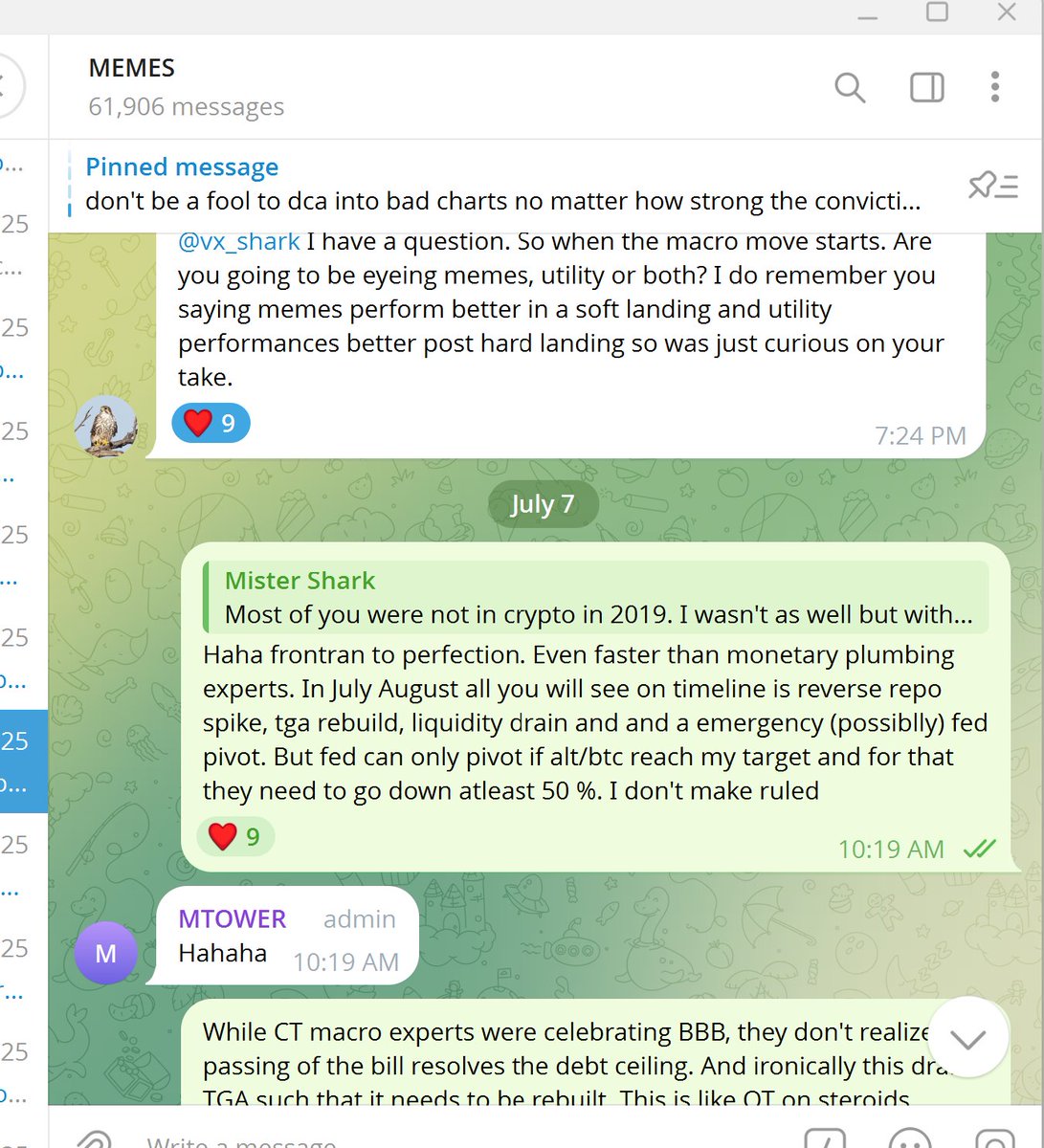 vx_shark's tweet image. Since Q2, i was preparing people to expect liquidity crisis like a reverse repo 2019 like spike in Q3 2025, hence was so firm in macro short altcoin thesis and hence people in my group are making generational wealth NOW. But it is not alpha to speak about it after event happens.