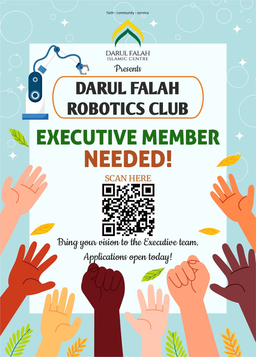 DarulFalah2022's tweet image. Join the Darul Falah Robotics Club(DFRC) Executive Team!
We’re looking for Executive Members who are ready to bring creativity, ideas, and dedication to the team.
Register here: forms.gle/RmXg26ZqC6SbNN…
#DarulFalah #RoboticsClub #ExecutiveTeam #YouthEmpowerment #YQR  #Regina