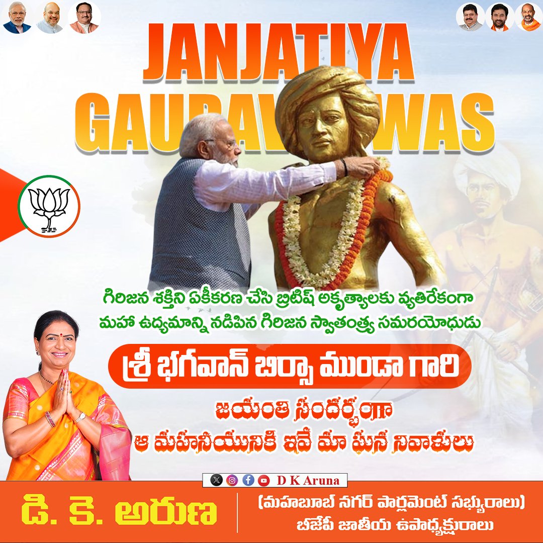 జల్, జంగిల్, జమీన్" (నీరు, అడవి, భూమి) పై ఆదివాసీల హక్కుల కోసం బ్రిటిష్ పాలకులను గడగడలాడించిన ధీరుడు, "ధర్తీ ఆబా" బిర్సా ముండా. ఆయన జీవితం  మనందరికీ స్ఫూర్తిదాయకం. ఆయన జయంతి సందర్భంగా.. ఆ వీరుని పోరాట స్ఫూర్తిని స్మరించుకుంటూ ఘన నివాళులు అర్పిస్తున్నాను. 
#BirsaMunda