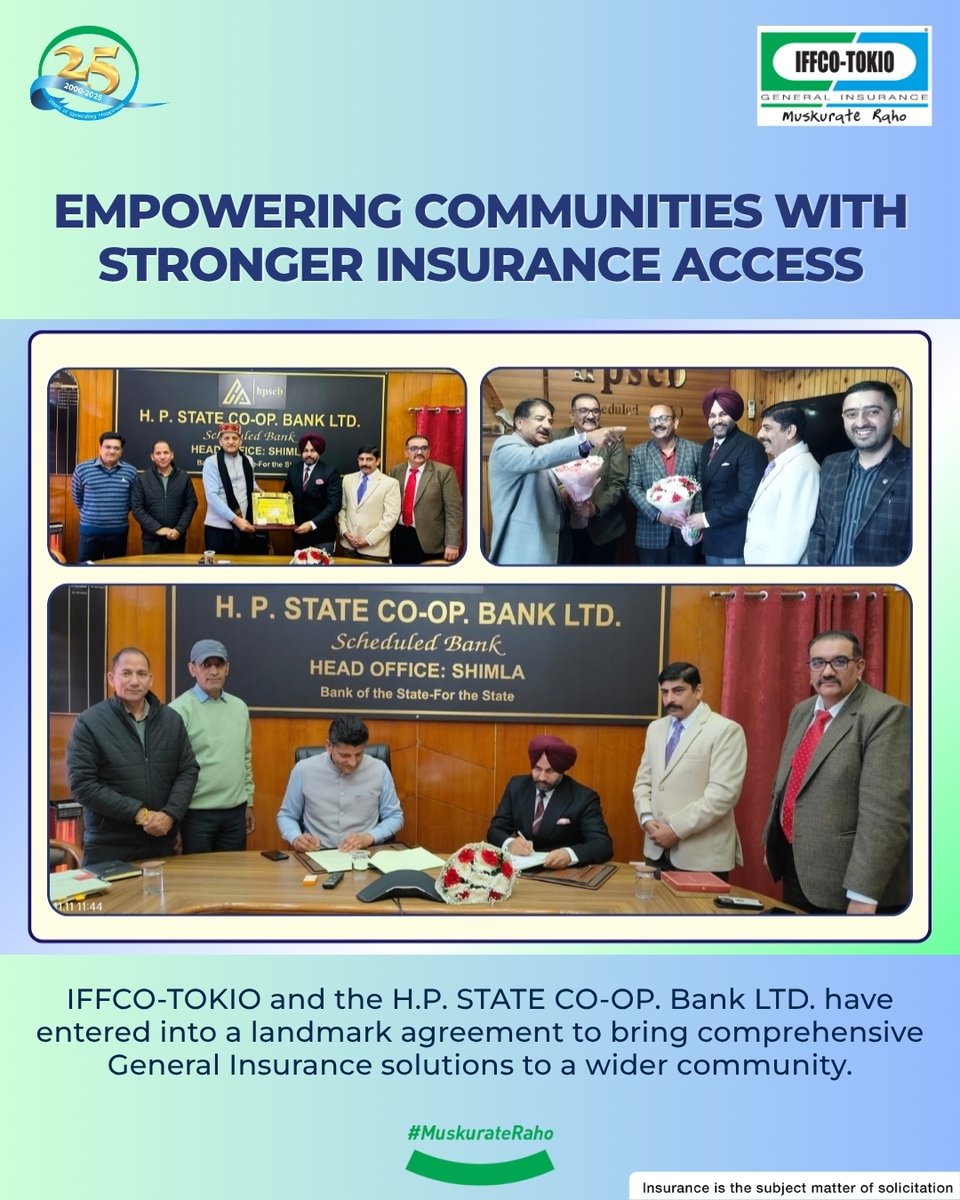 IFFCO__TOKIO's tweet image. Strengthening community access to secure and reliable Insurance solutions.

IFFCO-TOKIO partners with H.P. State Co-Op Bank to expand comprehensive General Insurance offerings across the region.

#IFFCOTOKIO #MuskurateRaho #InsuranceForAll #GeneralInsurance #CommunityFirst