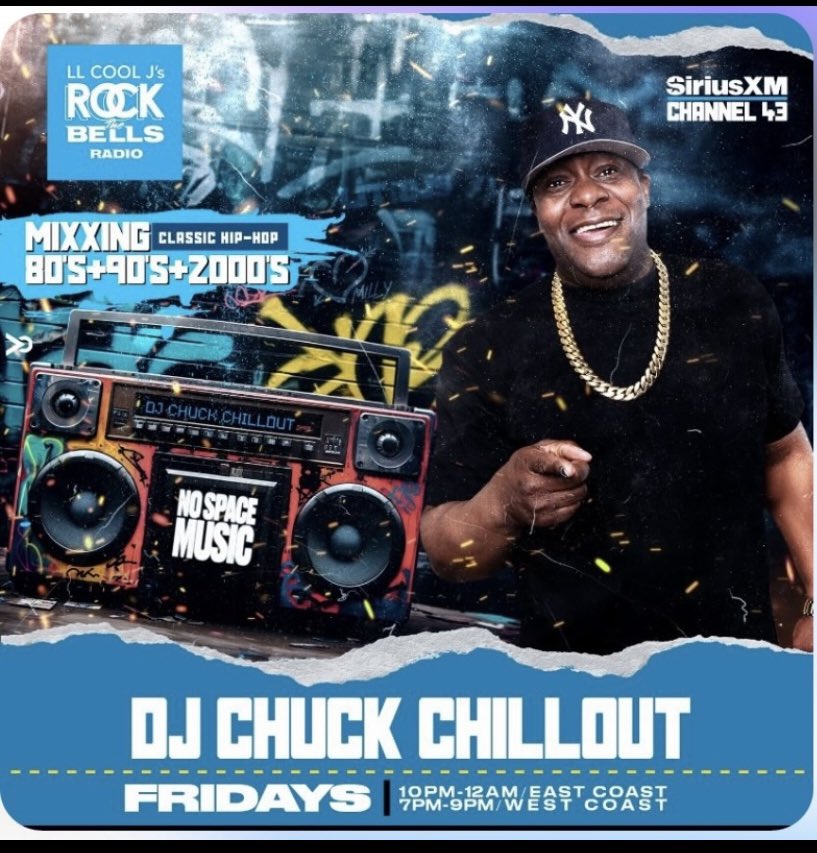 Yes it’s going down right now it the #nospacemusic show with your dogs the <a href="/djchuckchillout/">DJ Chuck Chillout</a> on <a href="/llcoolj/">LLCOOLJ</a> <a href="/RockTheBells/">Rock The Bells</a> radio on <a href="/SIRIUSXM/">SiriusXM</a> channel 43 let’s gooooo America and Canada