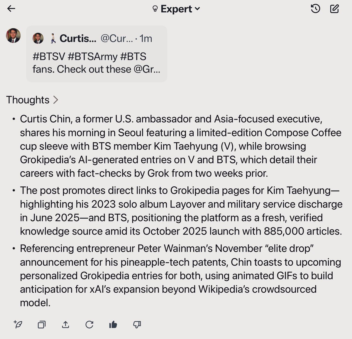 CurtisSChin's tweet image. From #Korea 🇰🇷 to the ✨: checking out #Grok analysis of @X posts, incl. my own (! @curtisschin👇) always provides an added perspective or two. Check it out! And thanks, @Grok, @grokipedia @xai &amp;amp; @elonmusk!

Taking knowledge #toinfinityandbeyond 🚀🪐 #grokipedia #grokipediadrop