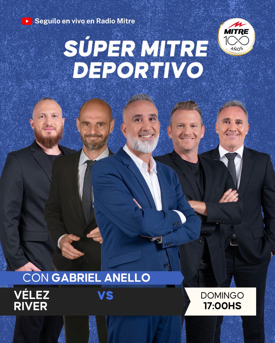 ¡FÚTBOL EN MITRE! ⚽🏆
Desde las 17:00, vivís la definición de la última fecha del Torneo Clausura del futbol argentino en #SuperMitreDeportivo, con <a href="/anellogaby/">Gabriel Anello</a>.

⚪🔴⚪ River buscará la clasificación a la Copa Libertadores 2026 y a los playoffs del campeonato en Liniers contra