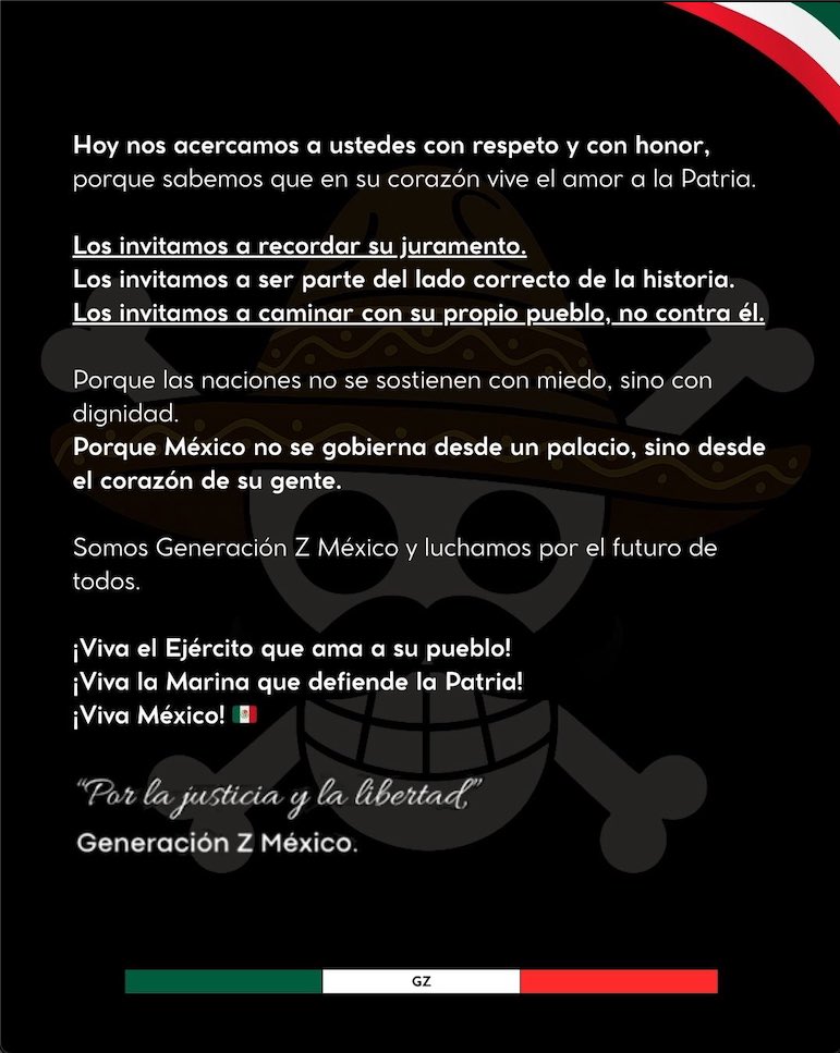 ❗ MENSAJE A TODO EL EJERCITO MEXICANO ❗

No venimos contra ustedes, el Movimiento está en contra de un Gobierno que no escucha...

Esta vez tendrá que oír, tendrá que ver

#15DeNoviembre #MarchaNacional #GeneraciónZ
