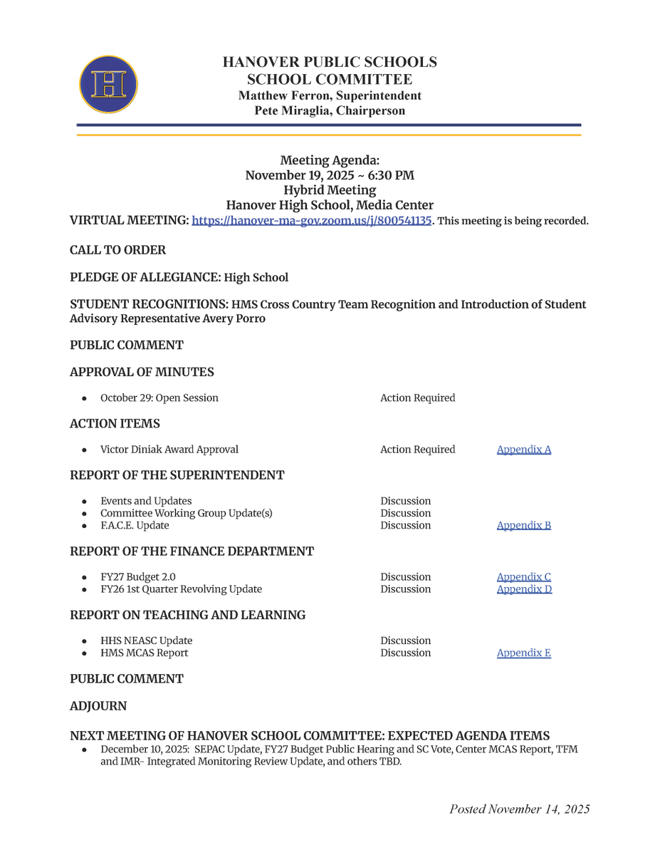 The School Committee agenda for the November 19, 2025, hybrid meeting at 6:30 pm is now available. Go to HanoverSchools.org/SchoolCommittee to view all public meeting documents and participation instructions.