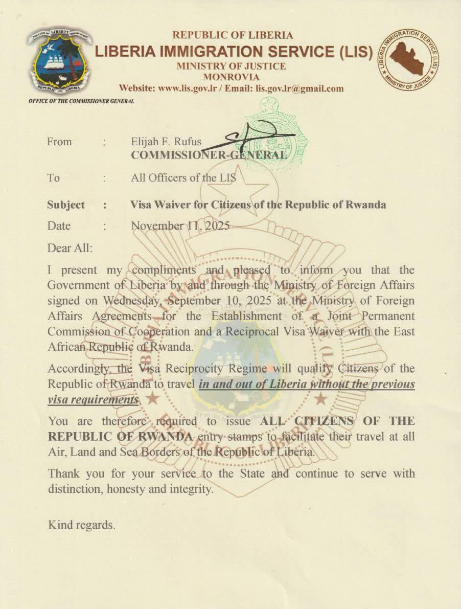 Abanyarwanda bemerewe kujya no kuva muri Liberia batabanje gusabwa visa.

Urwego rushinzwe Abinjira n'Abasohoka muri Liberia ruzajya ruha visa abaturage bo mu Rwanda bageze ku butaka bw'iki gihugu.

Uyu mwanzuro wakurikiye amasezerano yasinyweho n'ibihugu byombi ku wa 10 Nzeri