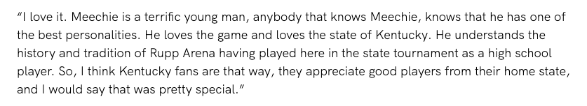 Meechie White's coach had great things to say about Meechie playing in Rupp Arena and the Kentucky fans who cheered when he was introduced.