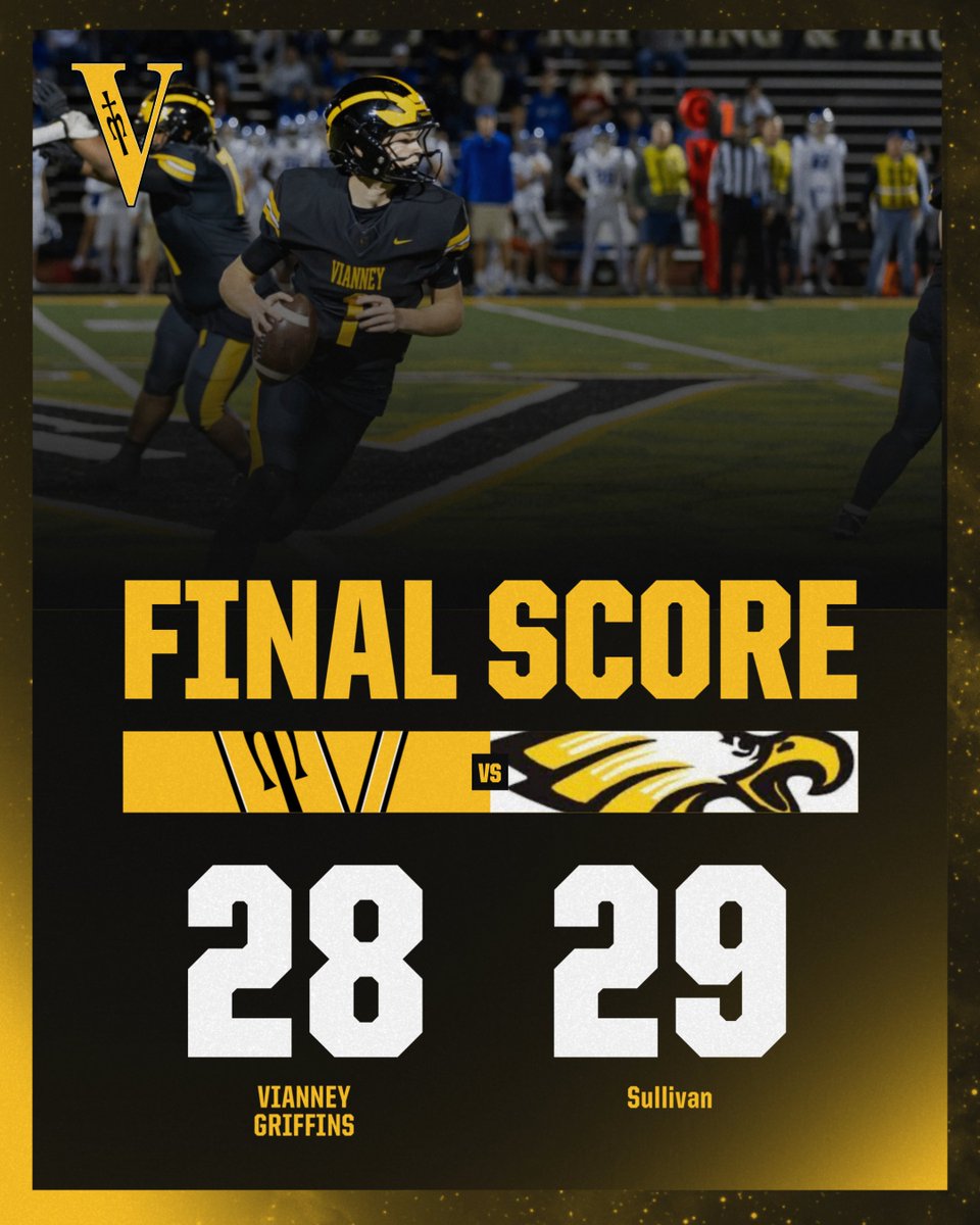 MSHSAA District Championship Game. Vianney ends their season on a loss to Sullivan in Double Overtime. 

Congratulations to our Vianney Griffins on a hard fought game and a fantastic season. A special thank you to our Seniors. ⚫️🟡🏈