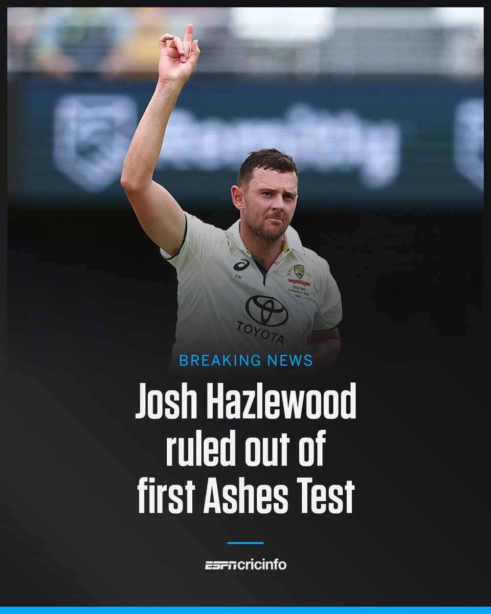 ESPNcricinfo's tweet image. A big blow for Australia with Josh Hazlewood ruled out of the first Test in Perth with a hamstring strain injury #Ashes
