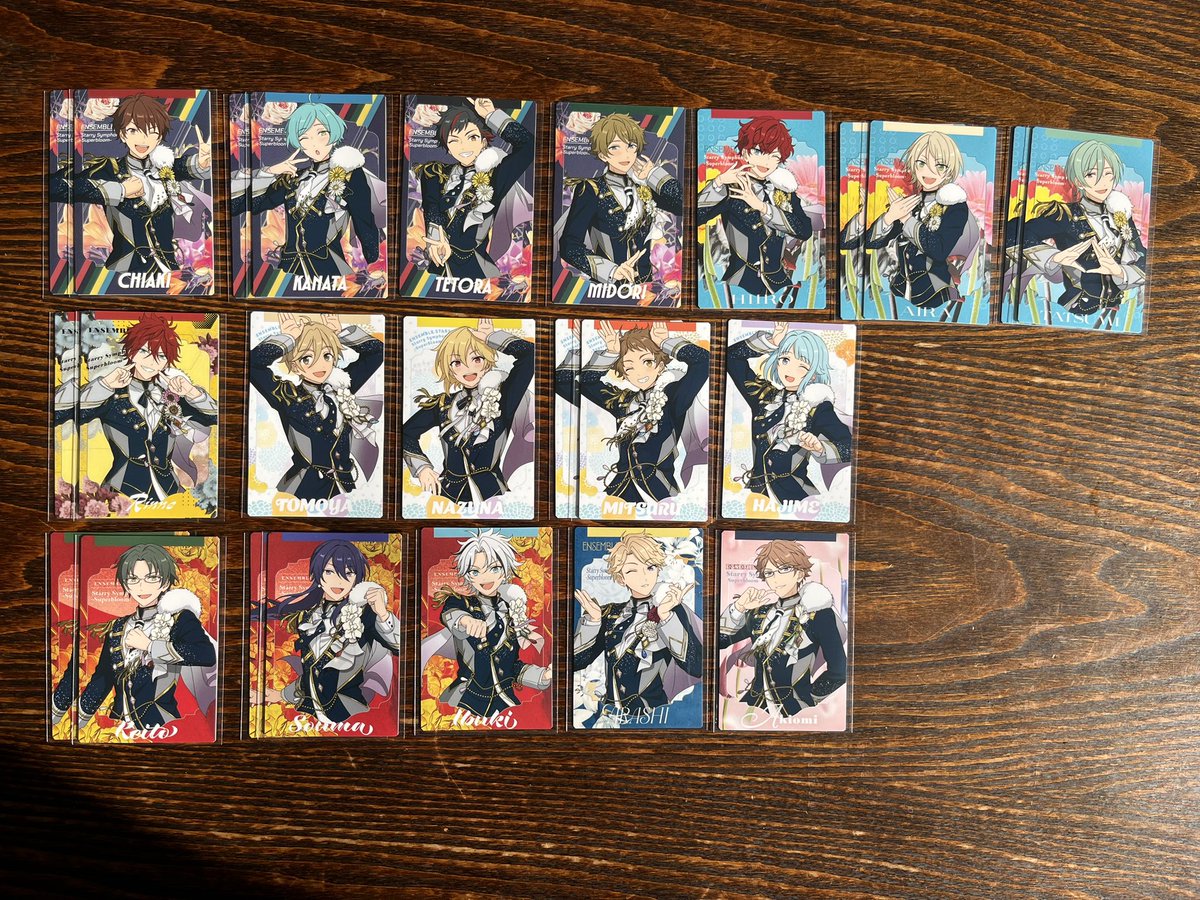 【交換.譲渡】あんスタ スタフォニ カードコレクション

譲→千秋2.奏汰2.鉄虎.翠.⭐︎一彩.藍良2.巽2.⭐︎燐音2.友也.なずな.光2.創.敬人2.颯馬2.維吹.⭐︎嵐.章臣

求→凛月.泉.司.真緒.零＞こはく.忍.茨＞定価

スタフォニ1日目（昼公演前前後）現地お手渡しor郵送

⭐︎は凛月.泉.零との交換優先