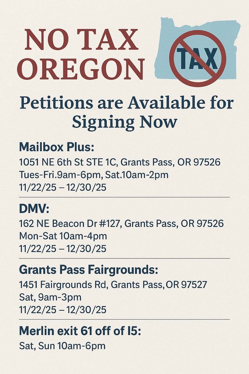 No Tax Oregon (StopTheGasTax) Josephine County Signing Locations

🇺🇸 Josephine County Republican Headquarters
👉🏼513 NE 6th Street, Grants Pass, OR 97526
Hours:
• Monday: 10 AM – 5 PM
• Tuesday–Thursday: 10 AM – 4 PM
• Friday: 10 AM – 6 PM
• Saturday: 10 AM – Noon

👉🏼Illinois
