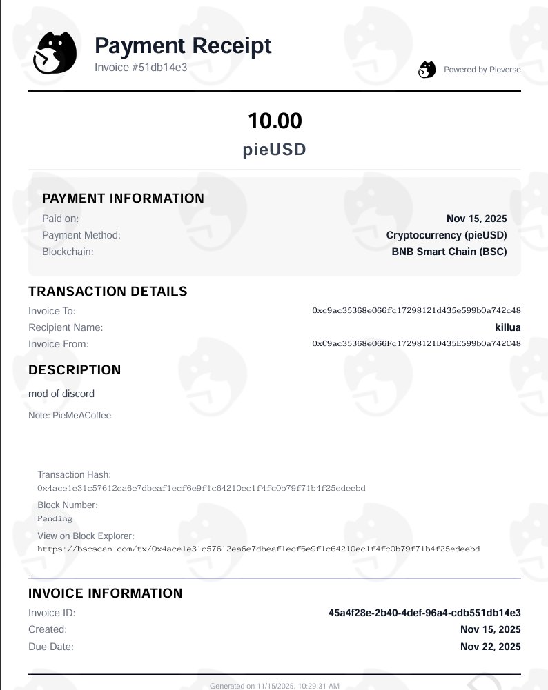 Here's my First Receipt for <a href="/pieverse_io/">pieverse</a> airdrop!!!  #Pieverse #PieMeACoffee #x402
LFG!!!