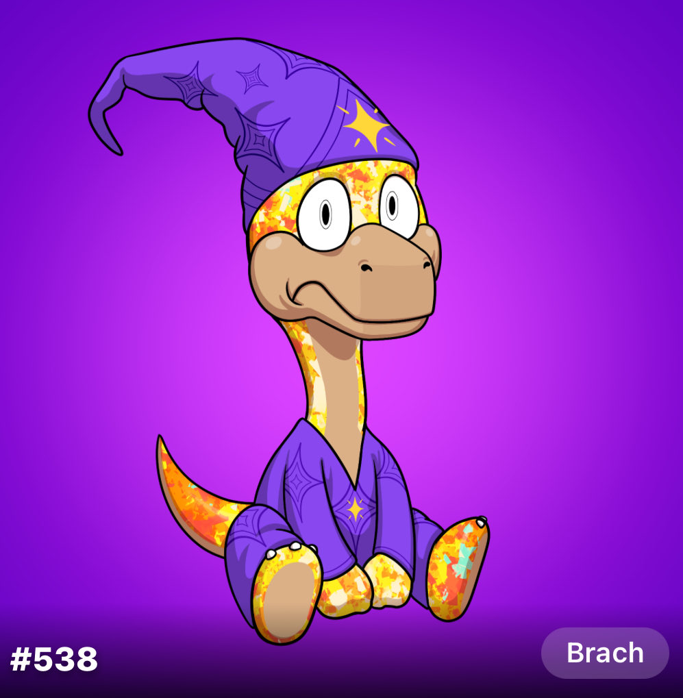 Unlike the previous art, each NFT character type has a name that coincides with Amaranth lore. 

In this case a baby Brach is in the “Egg” skin in full regalia. Each Bad Baby Dinos adventure takes place in the imaginary world of make believe! 🧐#DinoFam 

#VibeJurassic ❤️🦖👩🏽‍🍼