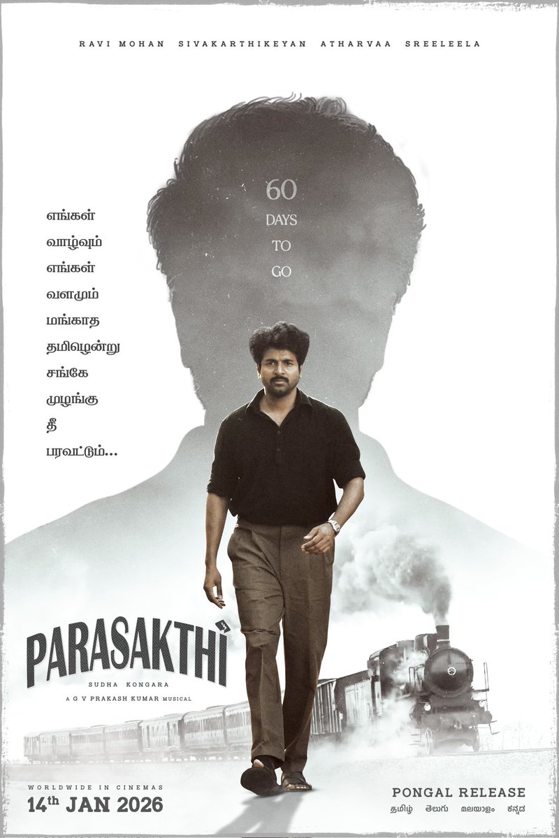 SKFans_Team's tweet image. Hear the roar! Feel the storm! 60 days to go! #Parasakthi ✊🔥

King @Siva_Kartikeyan 💥

#ParasakthiPongal