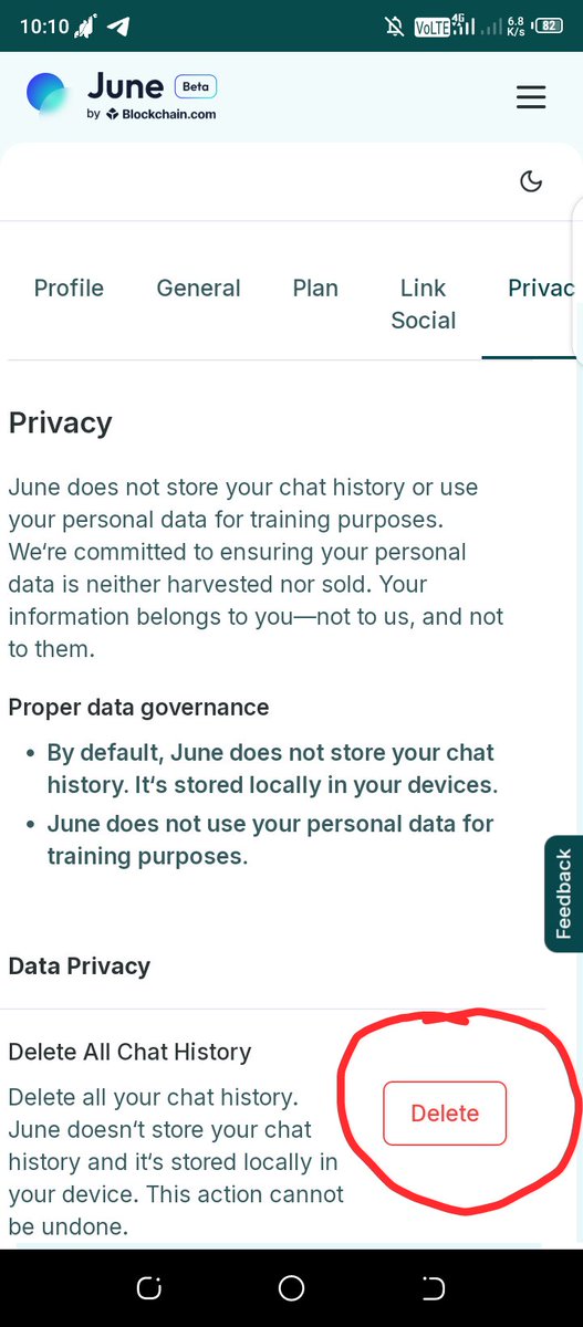 Here's how you can delete your data/chat history from .<a href="/askjuneai/">June</a> 👀

Btw,June does not store your chat history. It‘s generally stored in your devices.
June does not use your personal data for training purposes.

If you still want to delete simply go to settings - privacy -