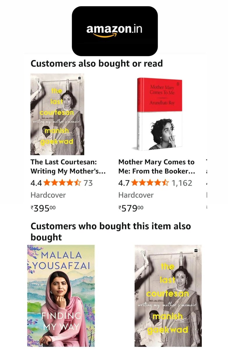 Yesterday, when I posted a pic of Malala &amp; Nautch Boy, someone got jealous. Amazon worked its algorithm to show this. This is like Malala, Courtesan &amp; Ms Roy walk into a bar. We don't serve feminists, says the bartender. That's alright, the women sing, we do a better mocktale.