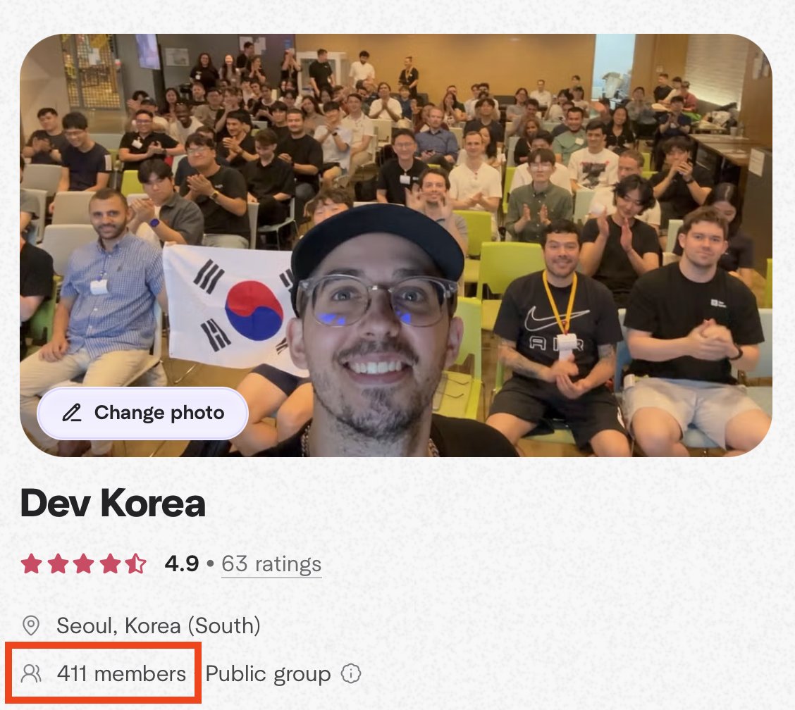 We recently crossed 400 members on the <a href="/dev_korea/">Dev Korea</a> meetup group! Pretty cool 😎

meetup.com/dev-korea