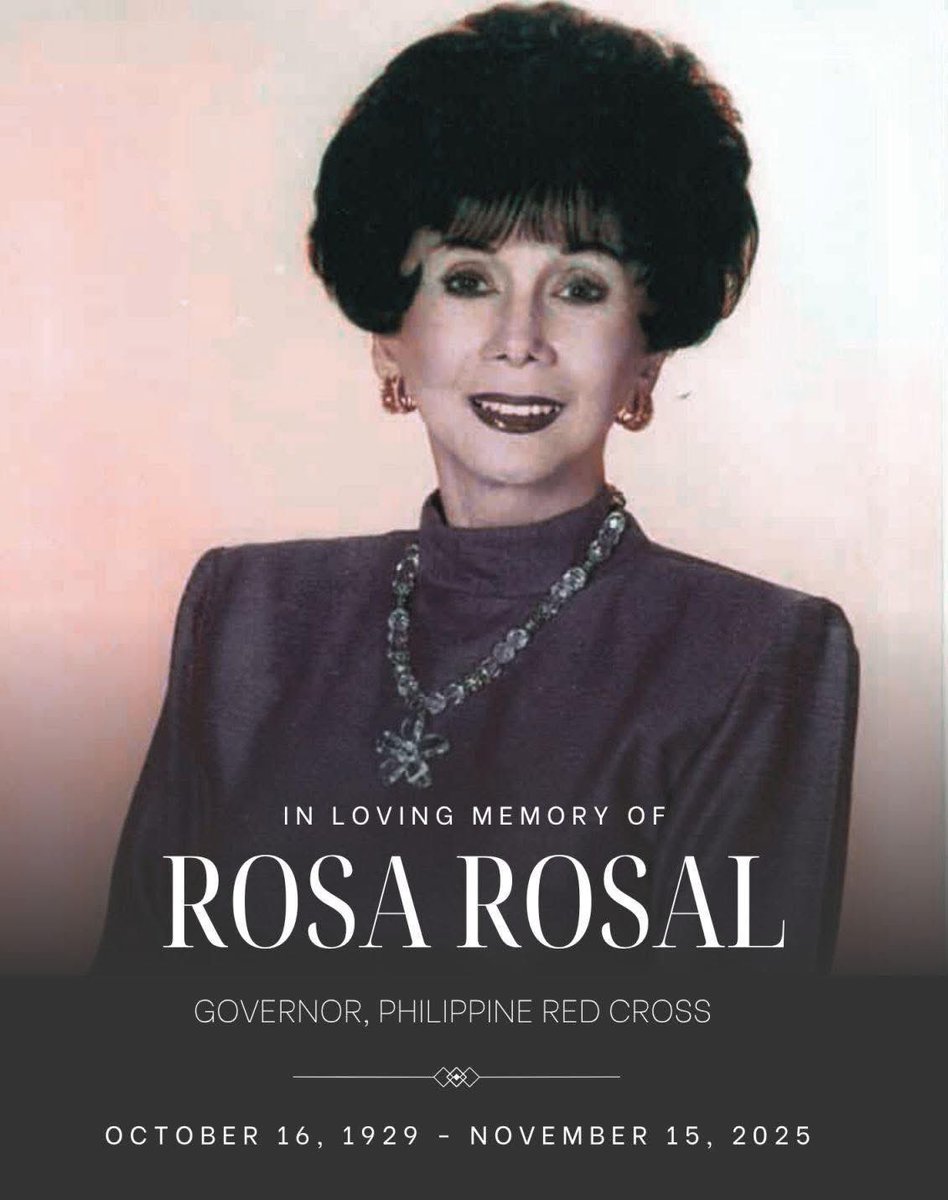 RIP, ROSA ROSAL 🕊️

Rosa Rosal, a veteran actress and humanitarian, has died at the age of 97, the Philippine Red Cross and state media outfits announce on Saturday, Nov. 15.

Rosal’s known performances include “Anak Dalita” (1956), “Badjao” (1957), and “Biyaya ng Lupa” (1959).