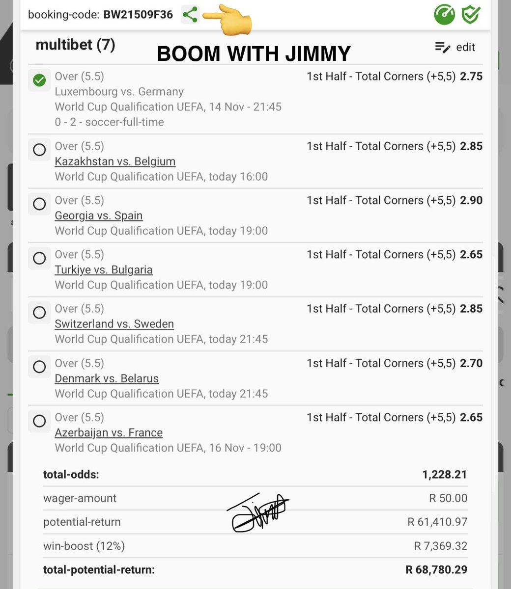 1 in road to R68K✅✅✅

⏰𝐊𝐢𝐜𝐤-𝐨𝐟𝐟: 16:00
🎟️𝐁𝐨𝐨𝐤𝐢𝐧𝐠 𝐂𝐨𝐝𝐞: BW21509F36

🛜𝙍𝙚𝙜𝙞𝙨𝙩𝙚𝙧/𝙎𝙞𝙜𝙣 𝙪𝙥 𝙝𝙚𝙧𝙚: bit.ly/Jimmy_50

🔗𝐁𝐞𝐭𝐬𝐥𝐢𝐩 𝐋𝐢𝐧𝐤: new.betway.co.za/book-a-bet-res…

🔞+|𝕋&amp;ℂ'𝕤 𝕒𝕡𝕡𝕝𝕪