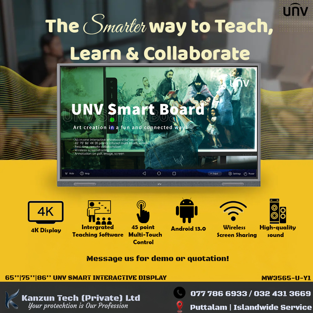 KanzunTech's tweet image. The Smarter Way to Teach, Learn &amp;amp; Collaborate! 📷
Transform your classroom or meeting space with the UNV Smart Board — the ultimate all-in-one interactive display!
📷 Available in 65”, 75” &amp;amp; 86”
 Call or WhatsApp us: 077 786 6933 
#UNVSmartBoard #InteractiveDisplay #SmartTeaching