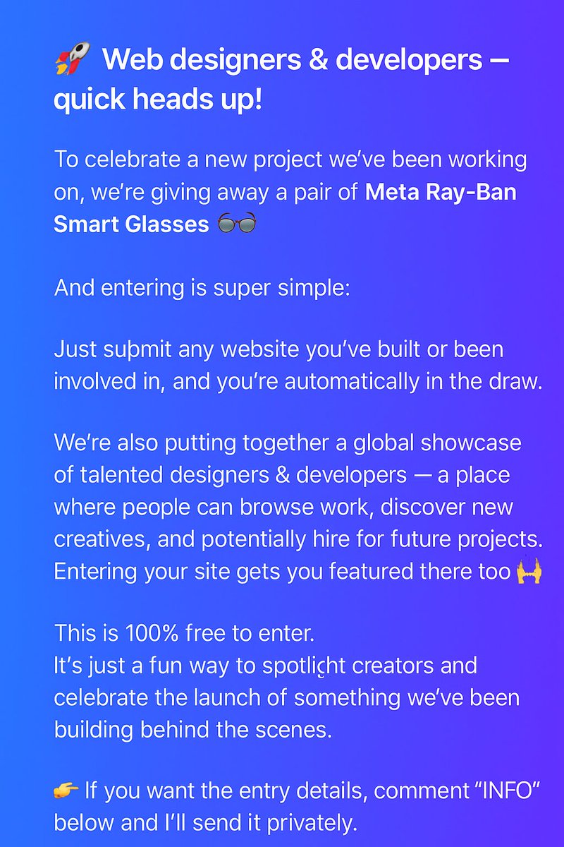 To celebrate a new project we've been working on, we’re giving away a pair of Meta Ray-Ban Smart Glasses 👓🎁  And entering is super simple: Just submit any website you’ve built or been involved in, and you’re automatically in the draw.  We’re also putting together a global