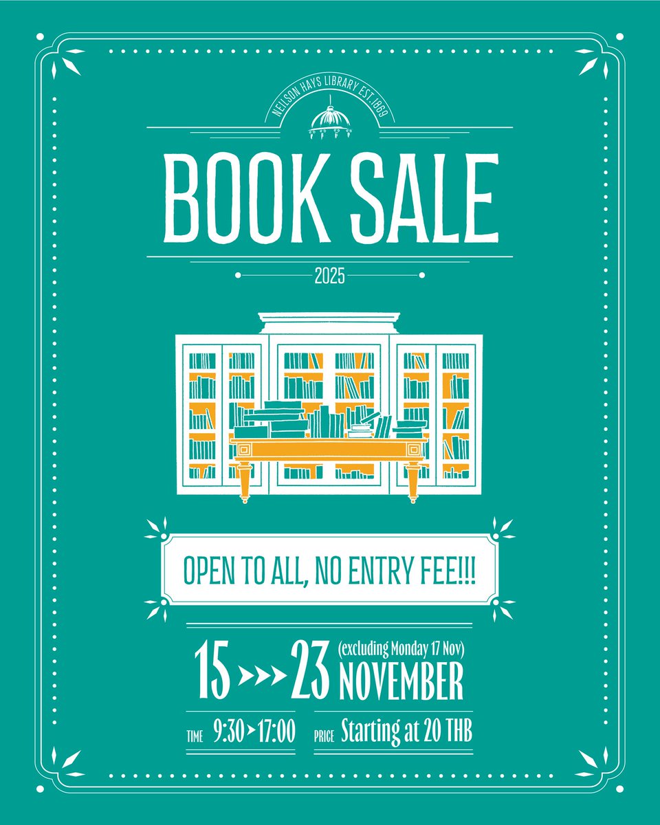 🙋‍♀️เริ่มแล้ววันนี้!!
🎉#งานหนังสือ มือสอง
ณ #ห้องสมุดเนียลสันเฮส์
📚#NeilsonHaysLibraryBookSale2025
🗓️15 – 23 พฤศจิกายน 2568
(หยุดวันจันทร์ที่ 17 พฤศจิกายน 2568)
⏰เปิด9:30–17:00 น.
📍จัดภายในอาคารห้องสมุดฯ ถ.สุรวงศ์ เขตบางรัก กทม.
📣เข้างาน✨ฟรี!✨
🚆ดูคำแนะนำการเดินทาง👇คลิก