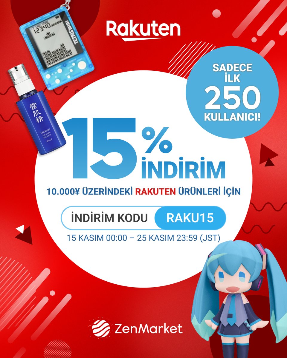🎉 Rakuten’de %15 İNDİRİM! 🎉

🛍️ 10.000 JPY üzeri ürünlerde
🔝 Ürün başına maks. 10.000 JPY indirim
👥 İlk 250 kişi yararlanabilir (sonra durur)
🔢 Kullanıcı başına 99 kullanım
🏷️ Kod: RAKU15

📅 15–25 Kasım 2025 (JST)

Kaçırma! ✨