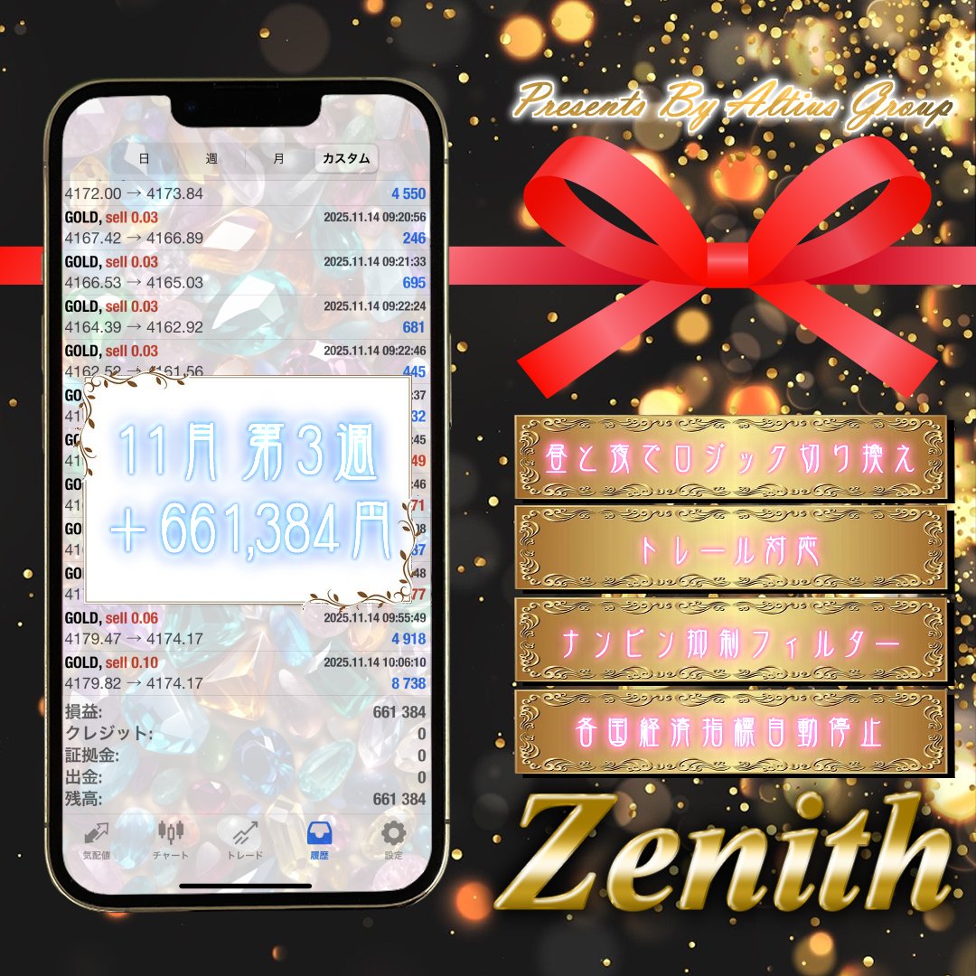 Altiusグループ　🦋11/10～11/14  の結果🥰

🌠昼夜ロジック切り替え⭐ゼニス0.03Lot
＋ 661,384円
＋ 66.1%

ご利用希望はこちら👇
「Altiusグループ【FX自動売買EA】」
line.me/ti/g2/mxy-oSUc…