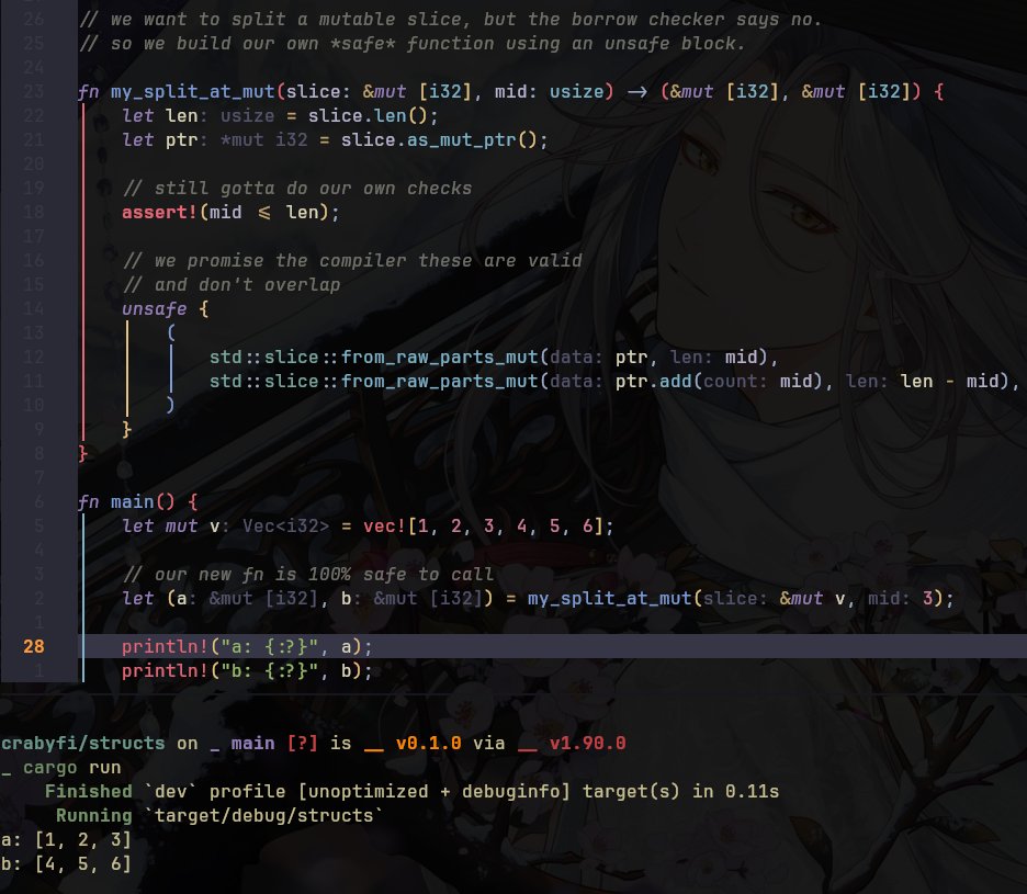 kayleecodez's tweet image. let&apos;s talk about unsafe rust.

the biggest myth is that unsafe &quot;turns off the borrow checker.&quot; that&apos;s just cap. all your normal, safe code inside an unsafe block is still 100% checked.

unsafe is just you telling the compiler: &quot;i&apos;m enabling a few special stuff (like raw pointers)…