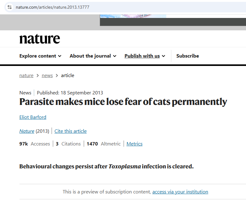 kaushal365's tweet image. Are dog lovers infected with Toxoplasma? Is this the reason for their unusual behavior? Is the Toxoplasma parasite the reason for the love of dogs, similar to how mice love cats?nature.com/articles/natur…