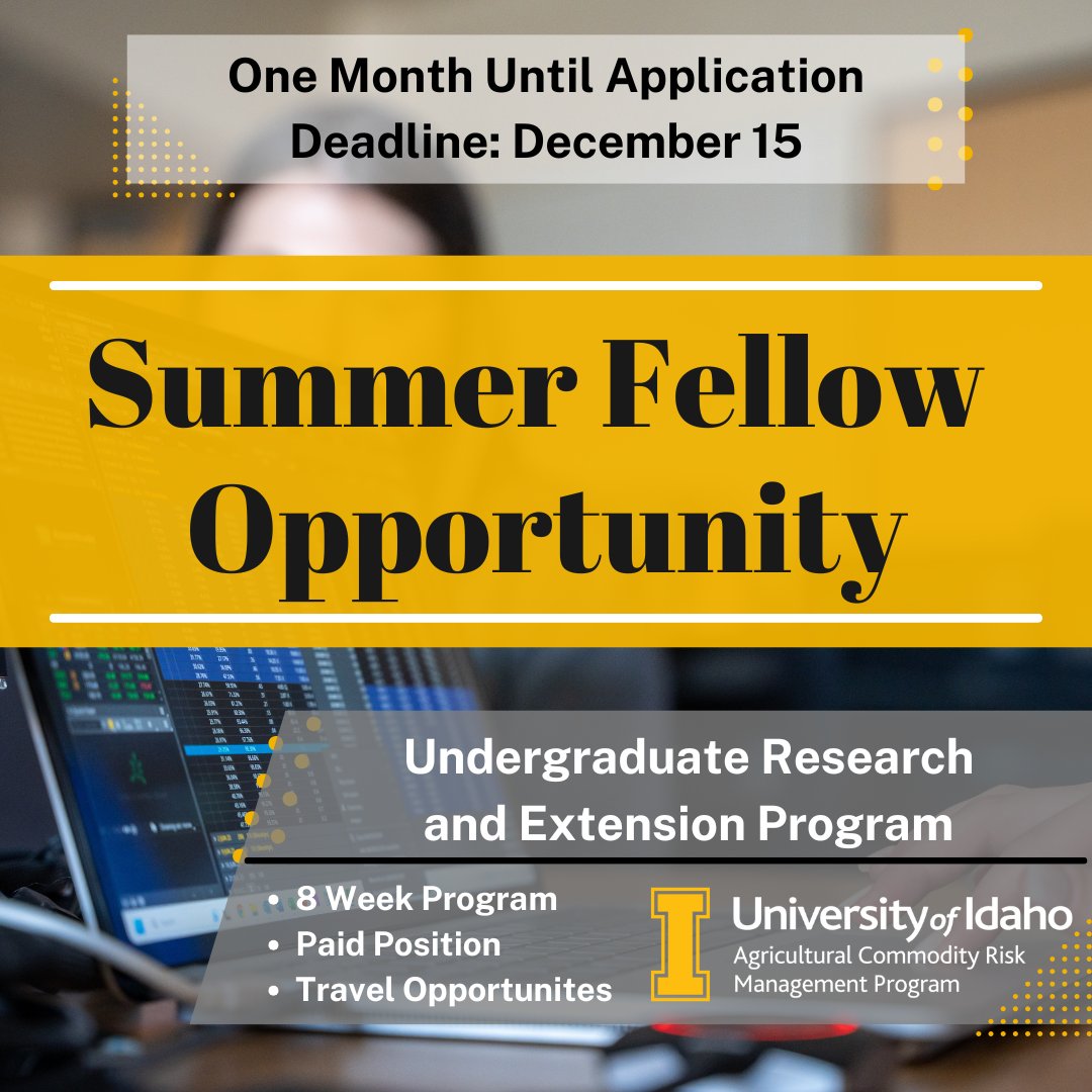 Applications for the UIdaho AgBiz Summer Fellow Program are open, and the deadline is one month away on December 15!

Join a cohort of 10 undergraduate students for an incredible summer of hands-on research and experience. Learn more and apply through the link in our bio!