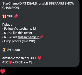 StarChampID RT DEALS for #LE_SSERAFIM SHOW CHAMPION

🎁 200 🎟️

Rules :
• Follow <a href="/starchamp_id/">StarChampID | IDOL CHAMP STORE INA</a>
• RT &amp; Like this tweet
• RT &amp; Like <a href="/starchamp_id/">StarChampID | IDOL CHAMP STORE INA</a>📌
• Drop proofs (min 130)

⏳ 24 hours

available for sale 10.000❤️
450❤️=16K IDR = 1$
